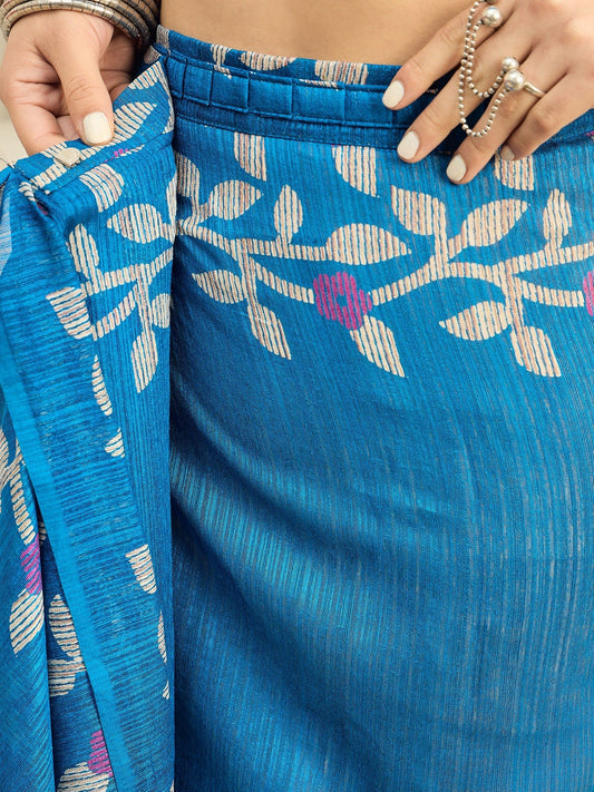Ready to wear Teal Blue Jamdani Cotton Silk Saree - Ressa
