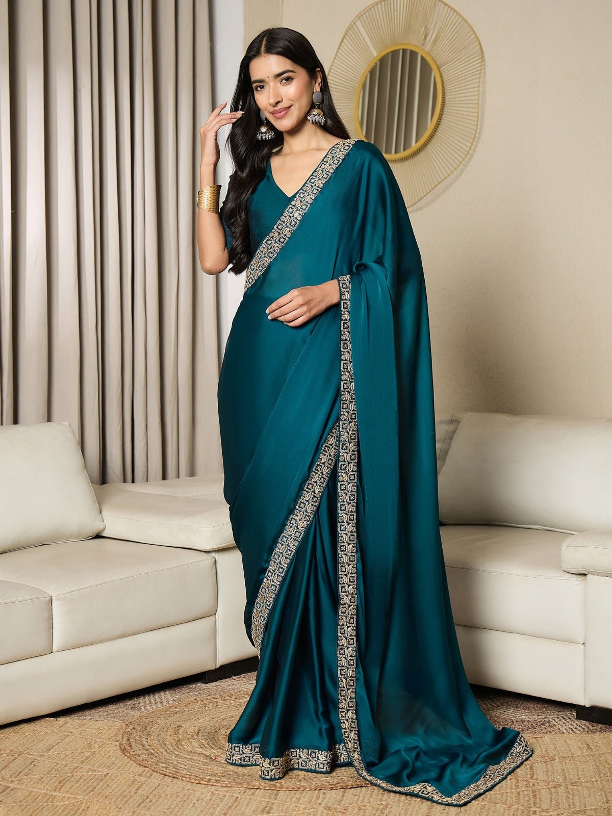 Ready to Wear Teal Blue Satin Saree - Ressa