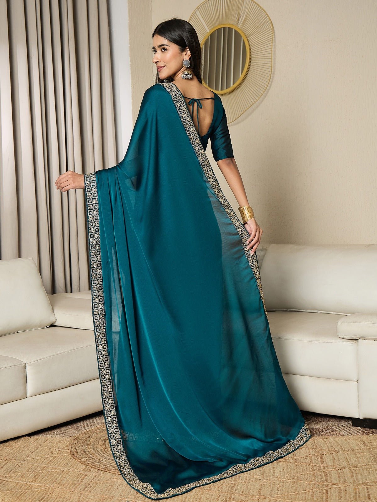 Ready to Wear Teal Blue Satin Saree - Ressa