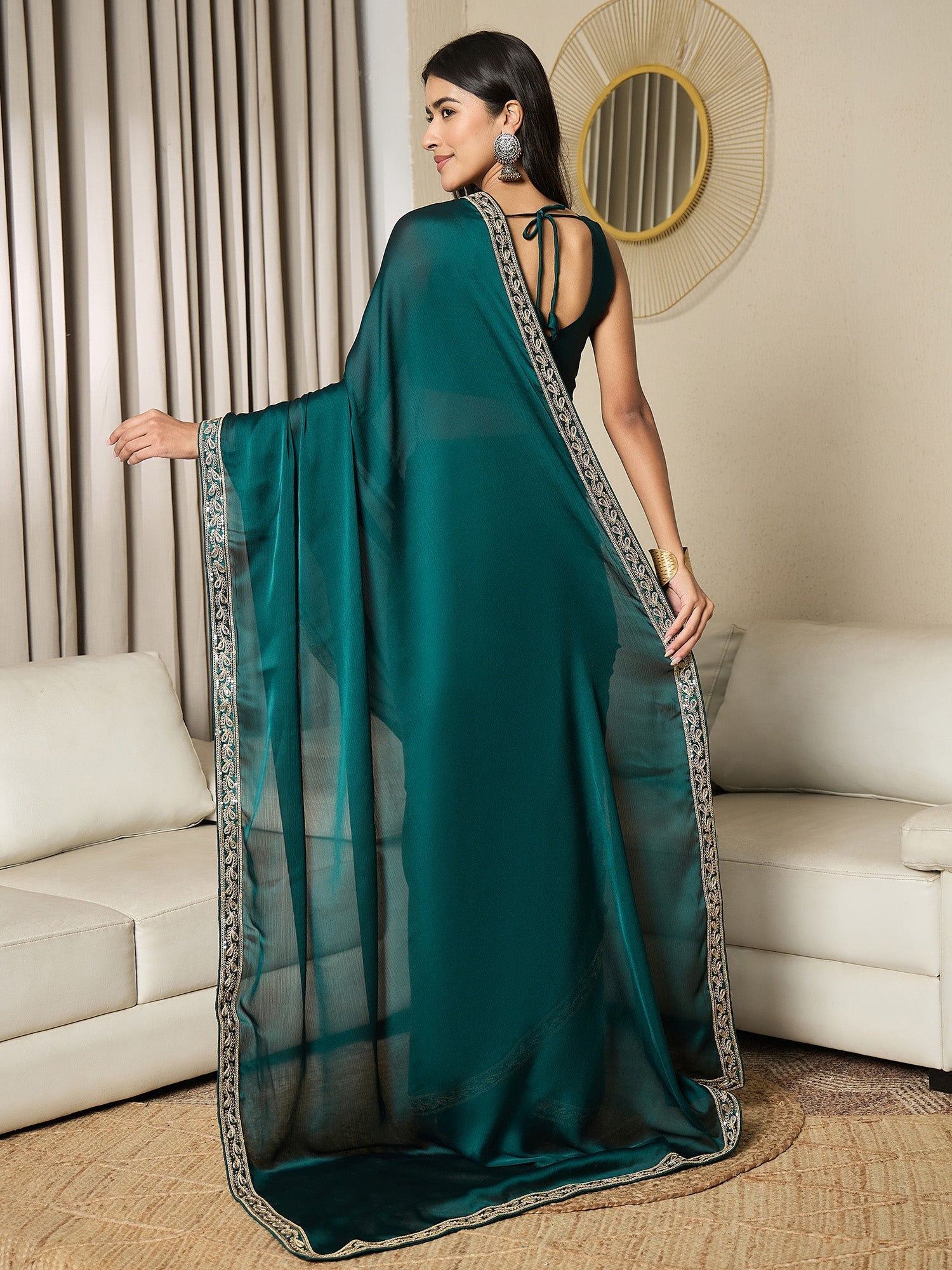 Ready To Wear Teal Green Satin Saree - Ressa