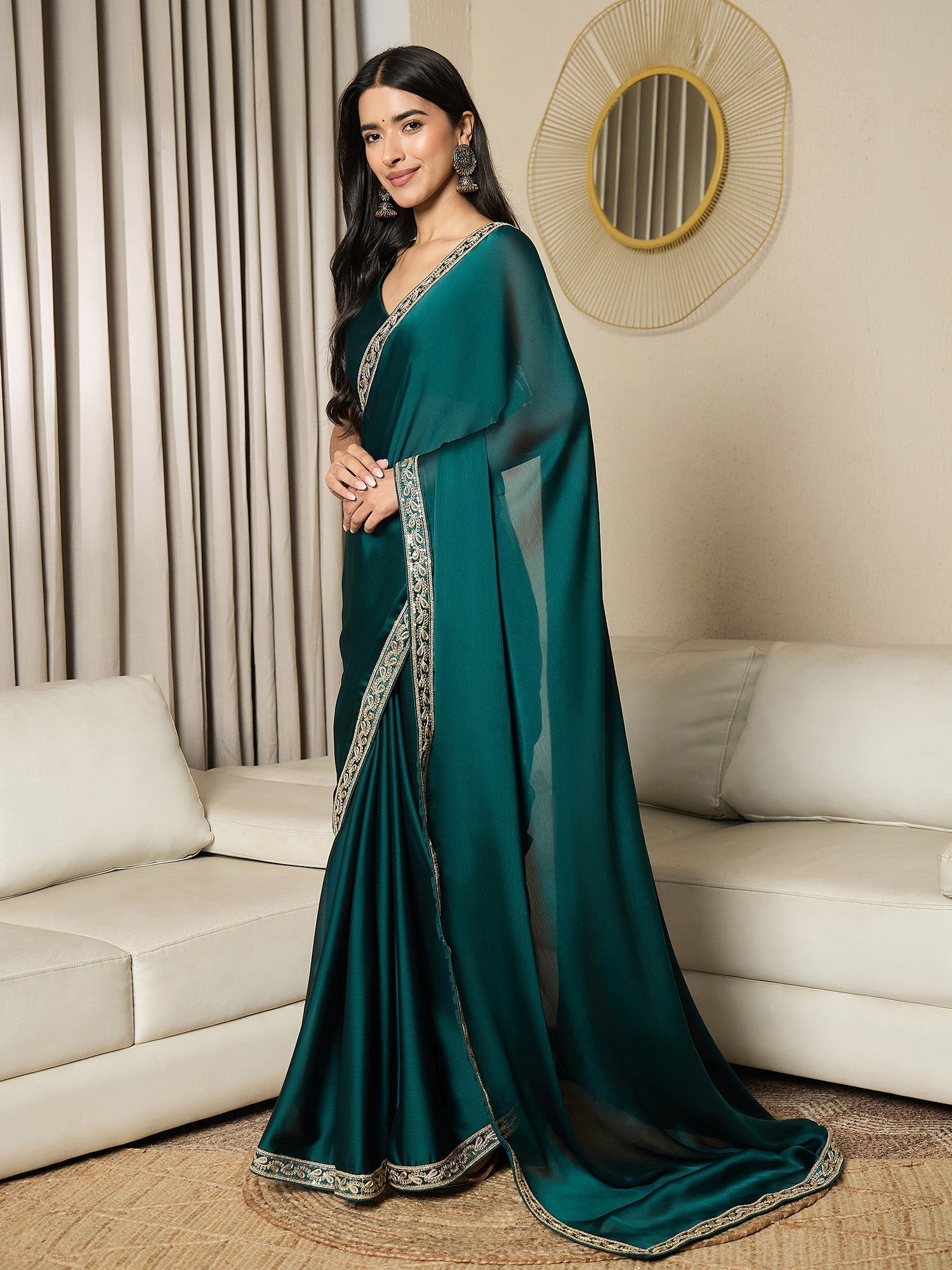 Ready To Wear Teal Green Satin Saree - Ressa
