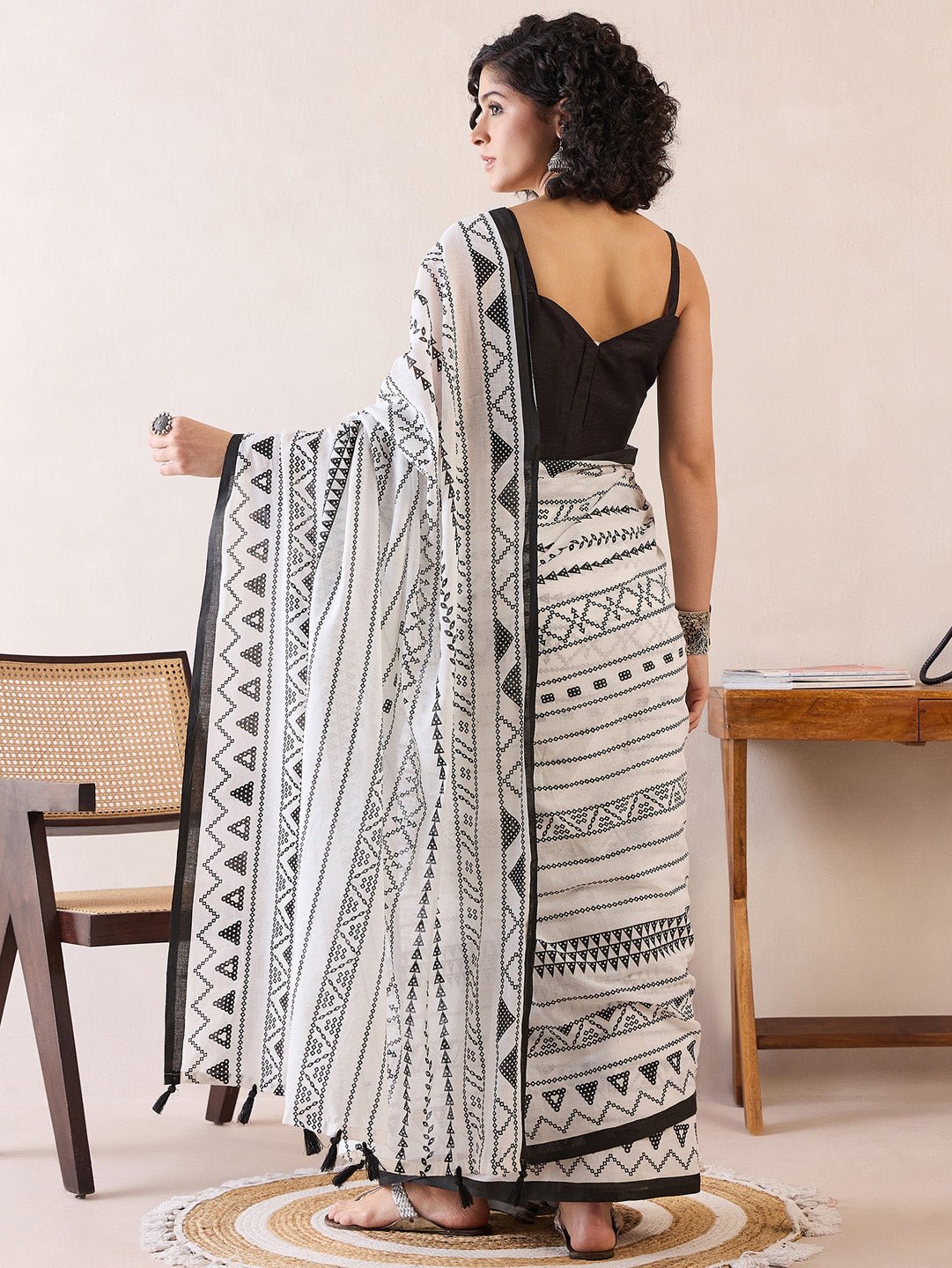 Ready to Wear White & Black Cotton Saree - Ressa