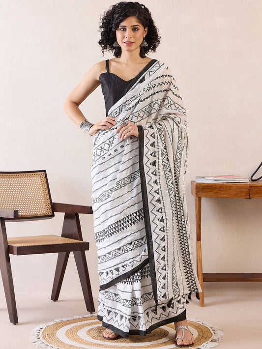 Ready to Wear White & Black Cotton Saree - Ressa
