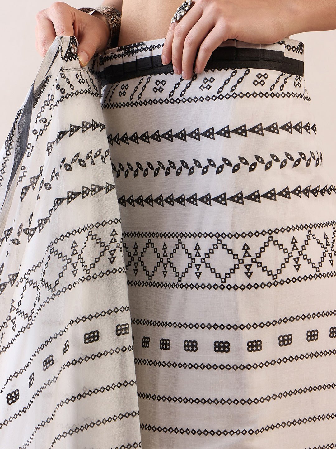 Ready to Wear White & Black Cotton Saree - Ressa