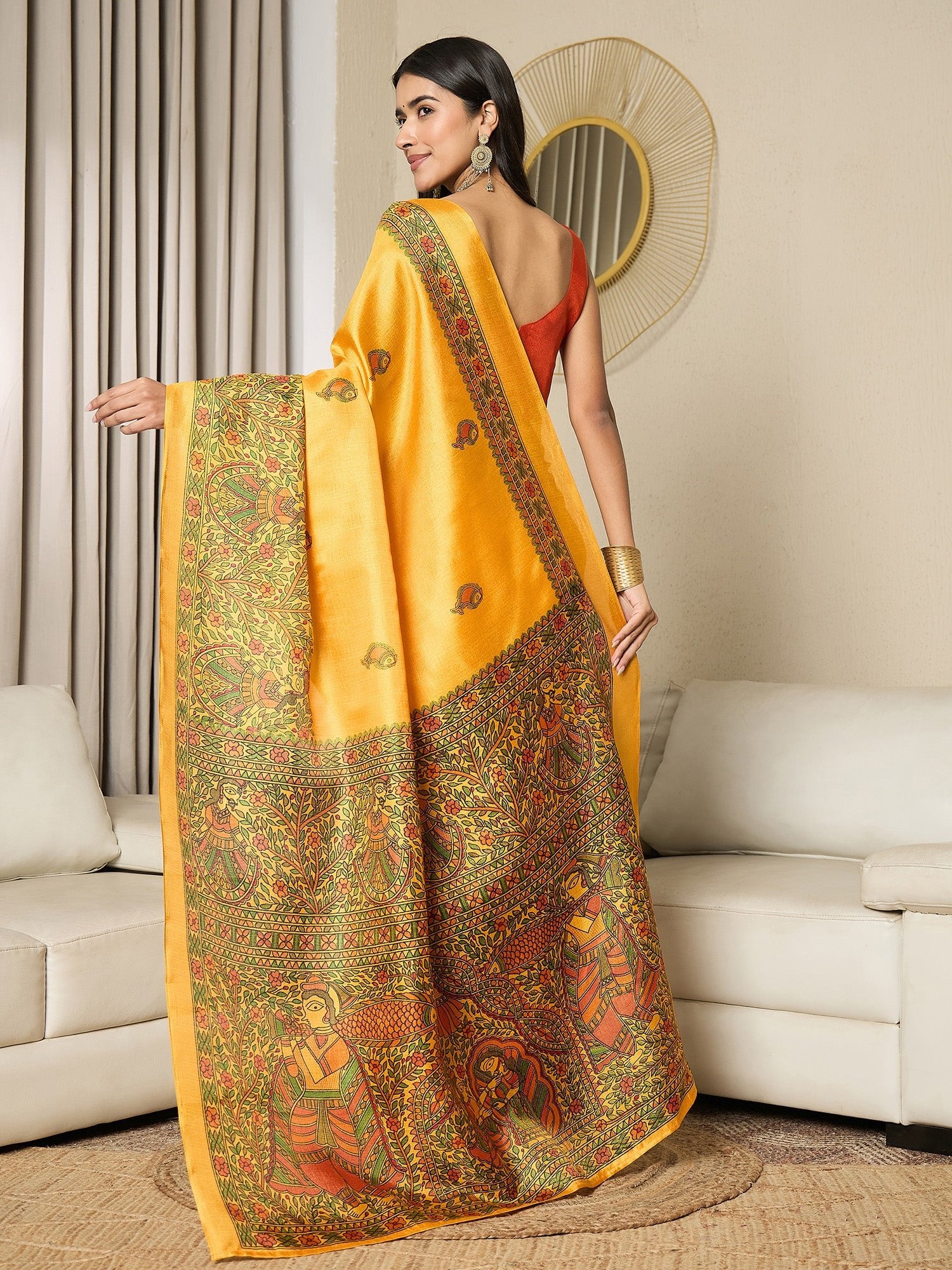 Ready to Wear Yellow Silk Madhubani Print Saree - Ressa