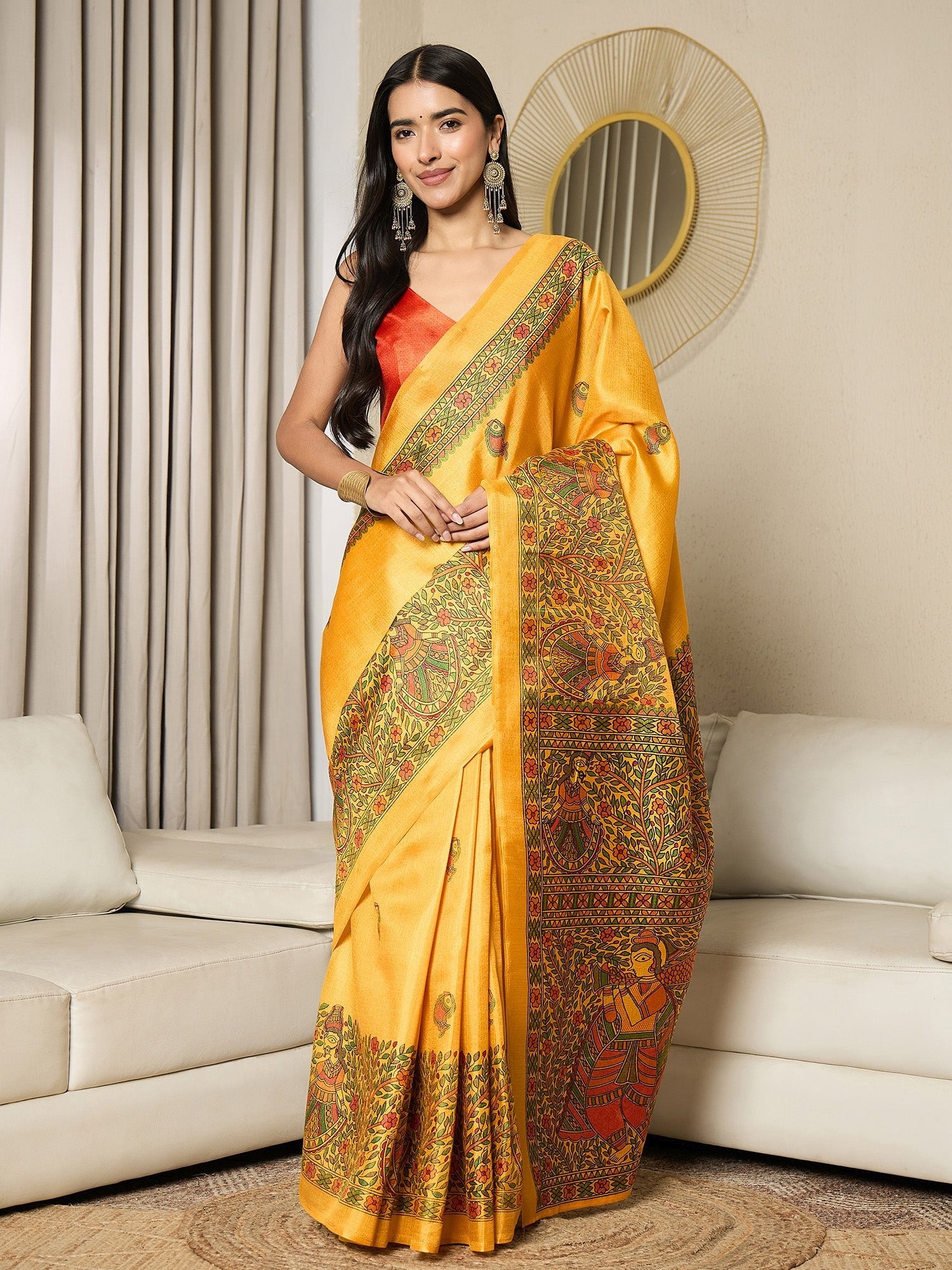 Ready to Wear Yellow Silk Madhubani Print Saree - Ressa