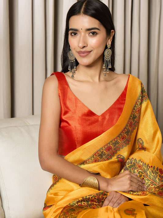 Ready to Wear Yellow Silk Madhubani Print Saree - Ressa