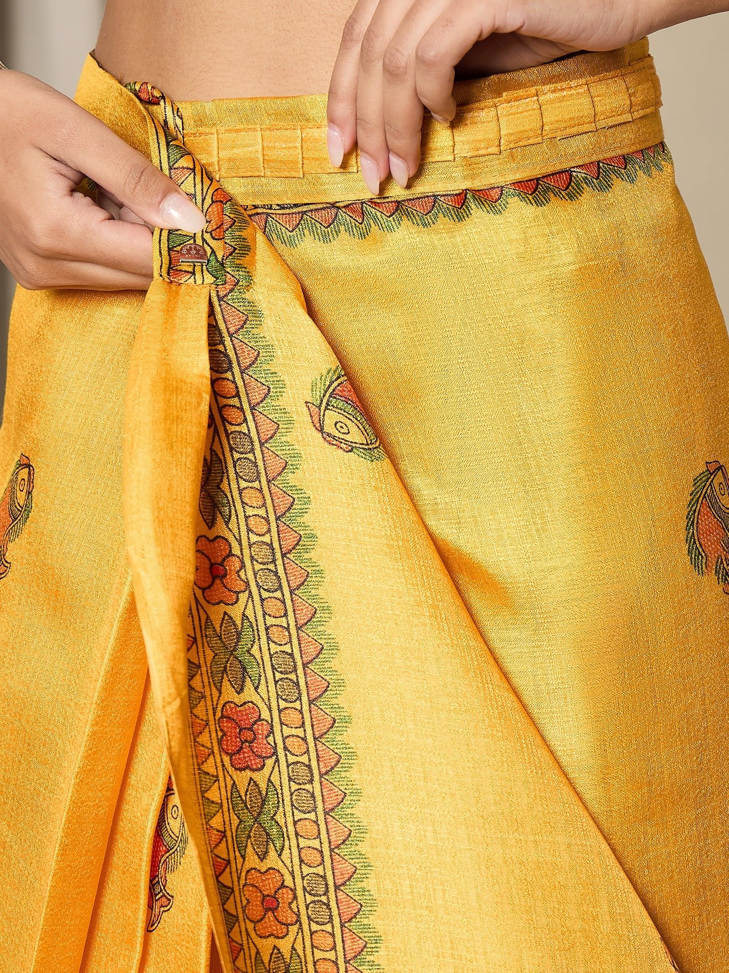 Ready to Wear Yellow Silk Madhubani Print Saree - Ressa