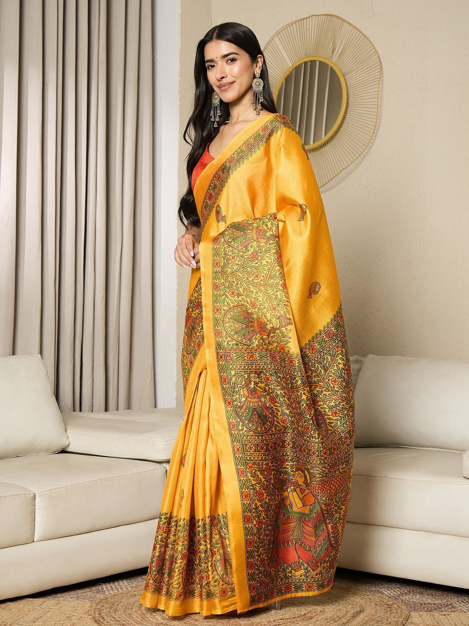Ready to Wear Yellow Silk Madhubani Print Saree - Ressa