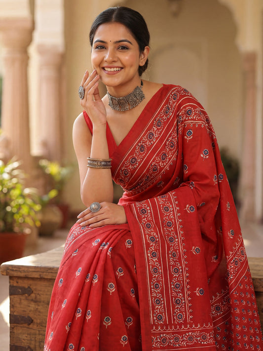 Red Ajrakh Block Print Silk Saree with Floral Buttas - Ressa