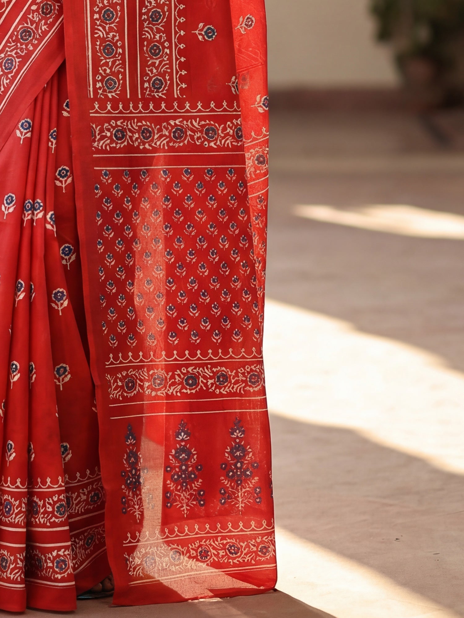 Red Ajrakh Block Print Silk Saree with Floral Buttas - Ressa