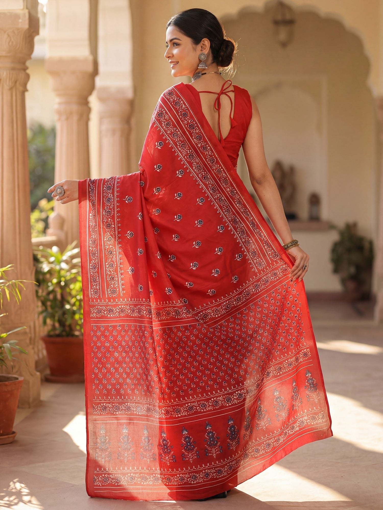 Red Ajrakh Block Print Silk Saree with Floral Buttas - Ressa