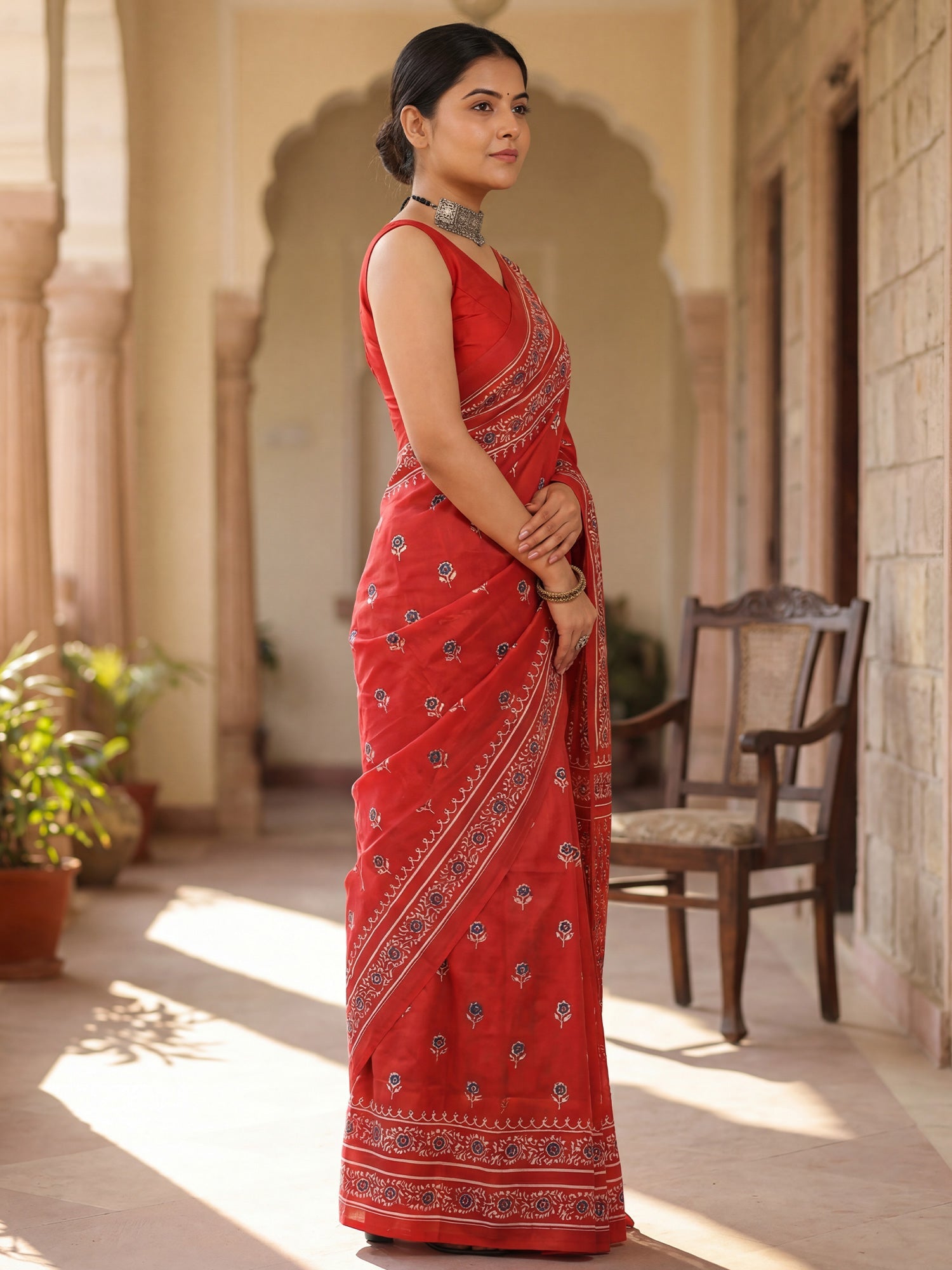 Red Ajrakh Block Print Silk Saree with Floral Buttas - Ressa