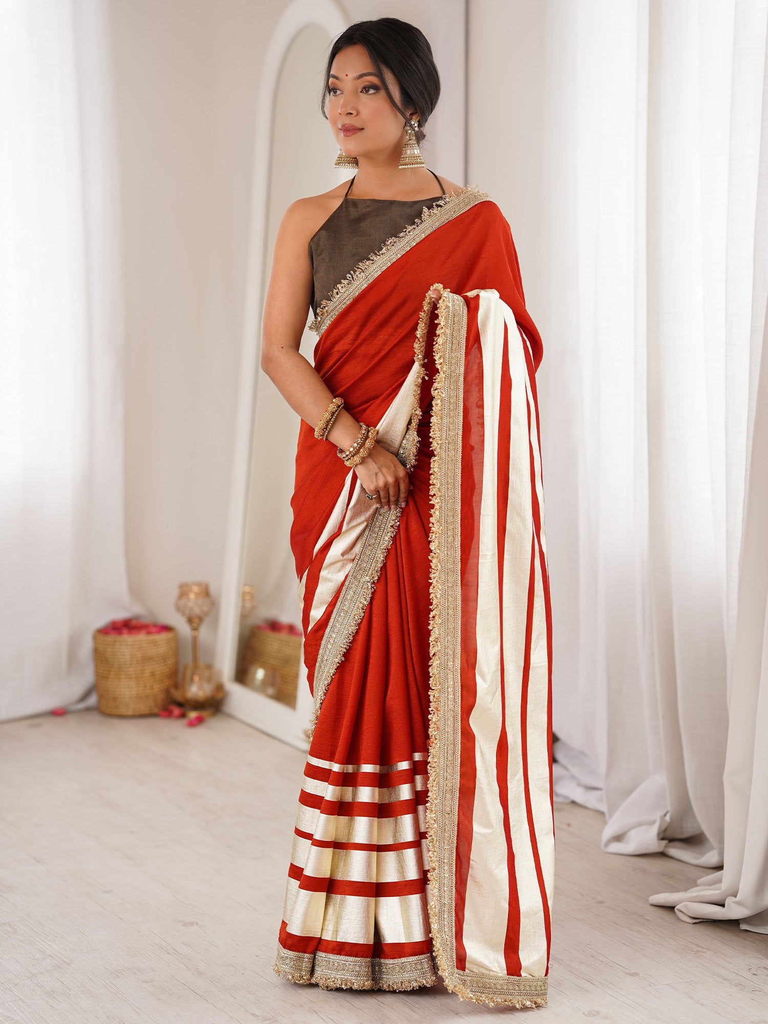 Red and Cream Striped Georgette Saree with Zari Lace - Ressa