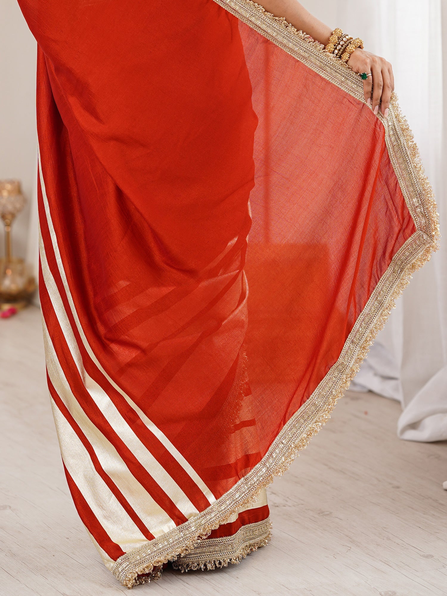 Red and Cream Striped Georgette Saree with Zari Lace - Ressa