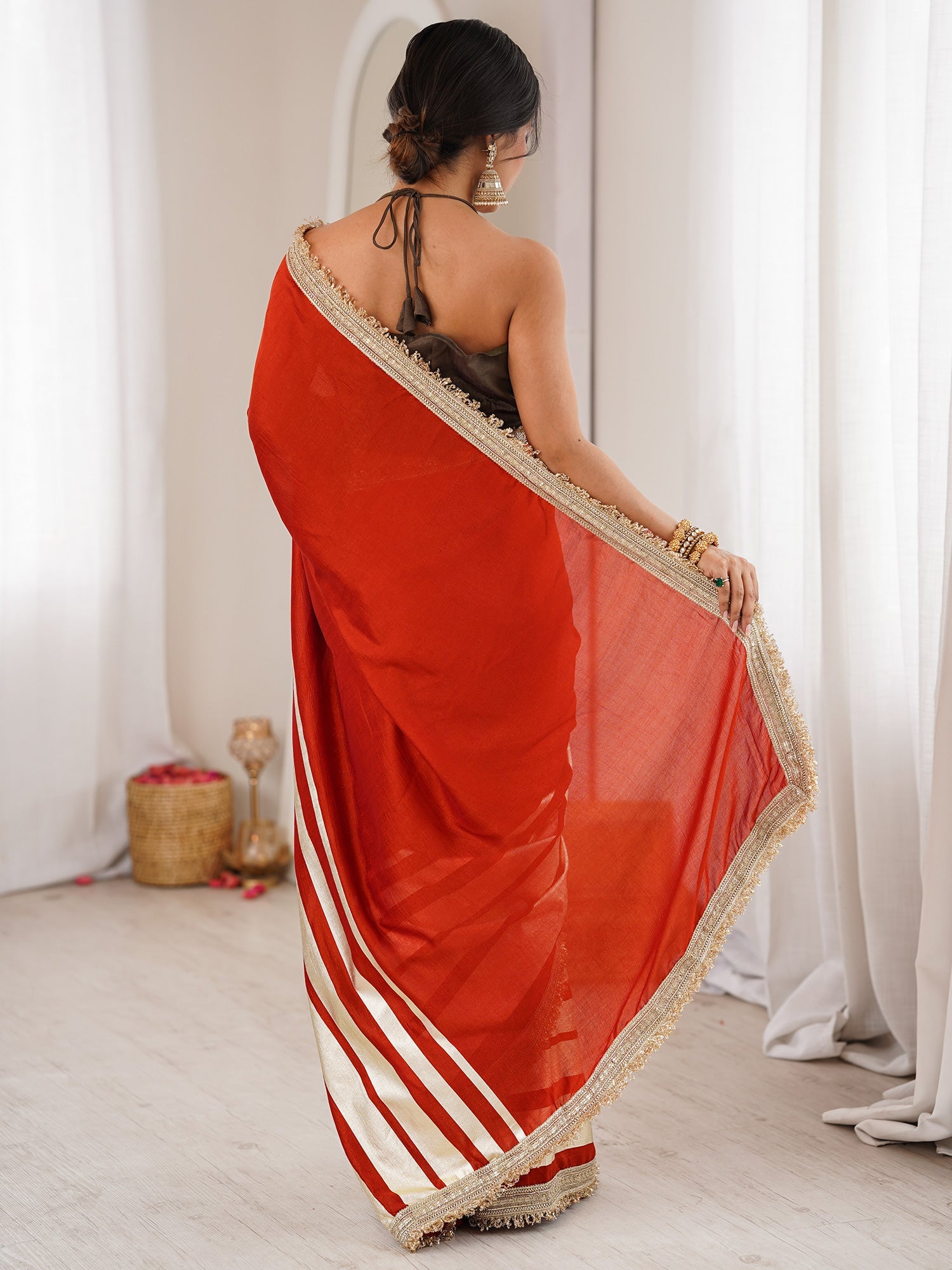 Red and Cream Striped Georgette Saree with Zari Lace - Ressa