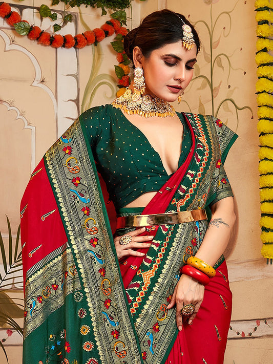 Red and Dark Green Patola Printed Silk Saree - Ressa