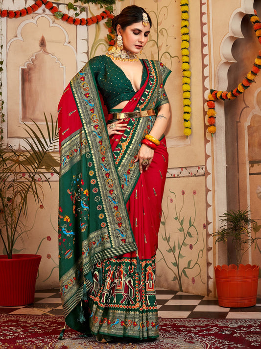 Red and Dark Green Patola Printed Silk Saree - Ressa