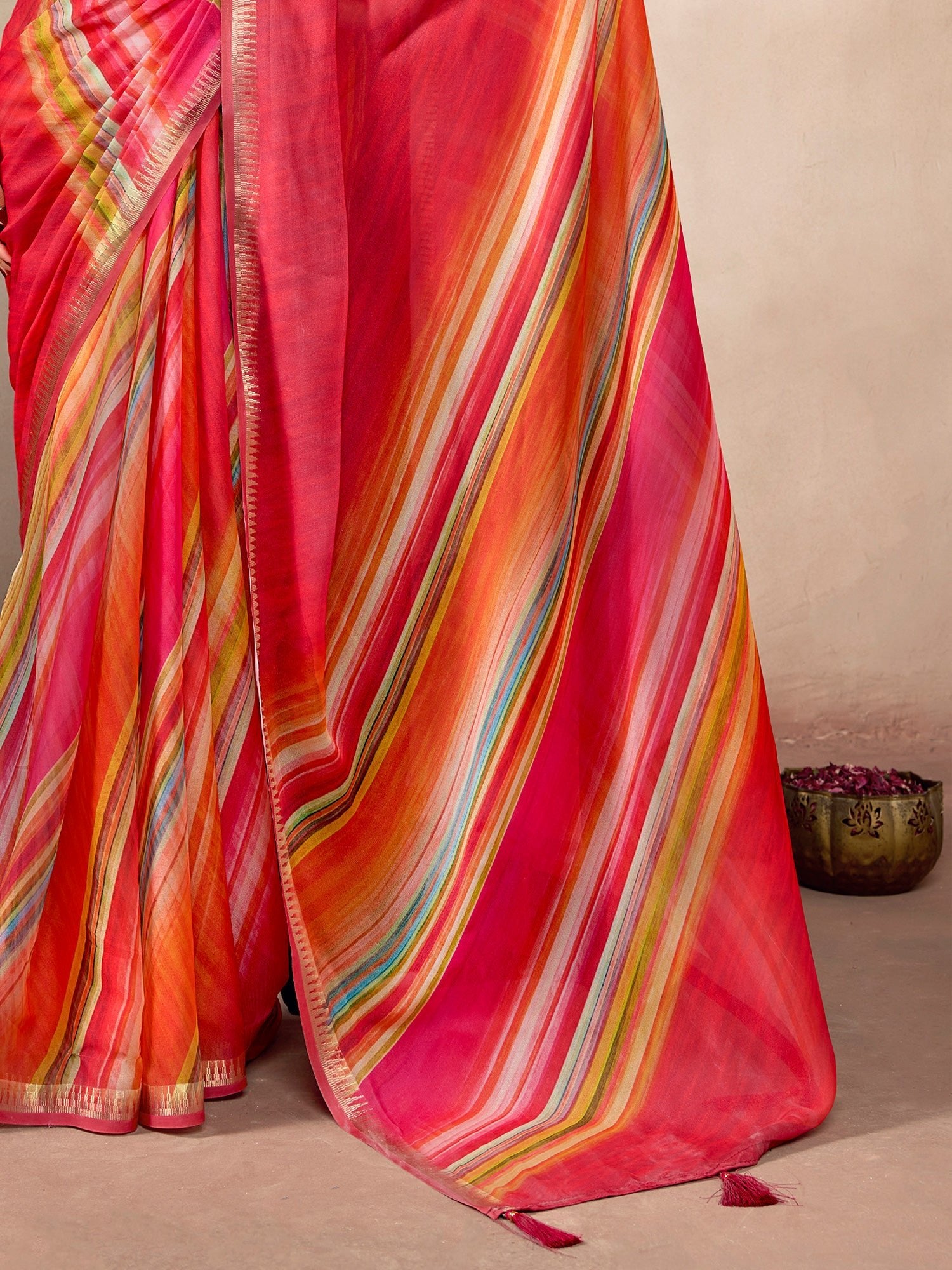 Red and Multicolor Striped Casual Saree - Ressa