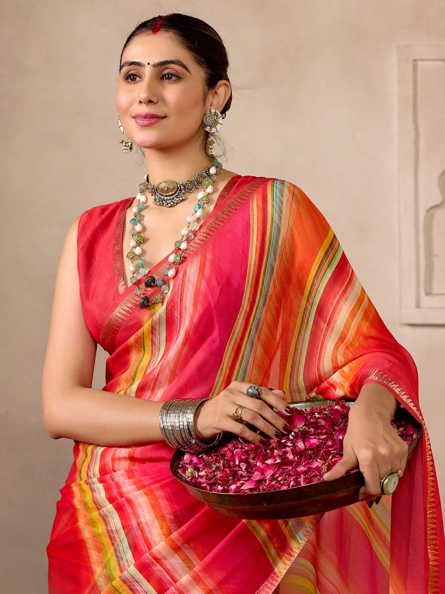 Red and Multicolor Striped Casual Saree - Ressa