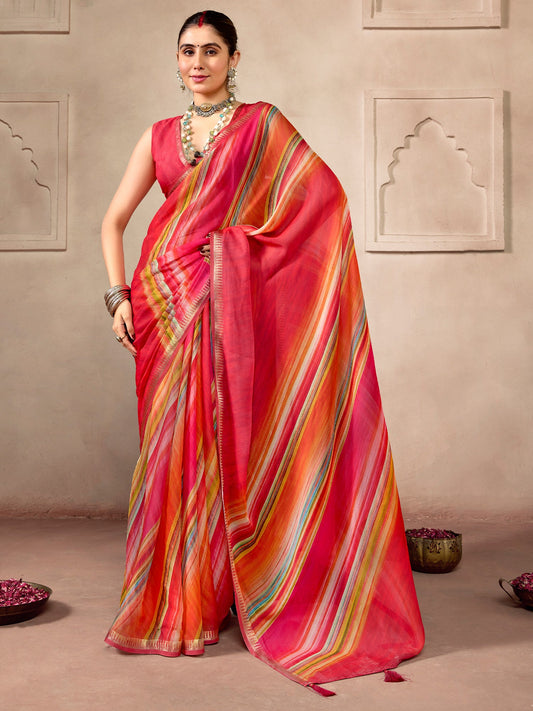 Red and Multicolor Striped Casual Saree - Ressa