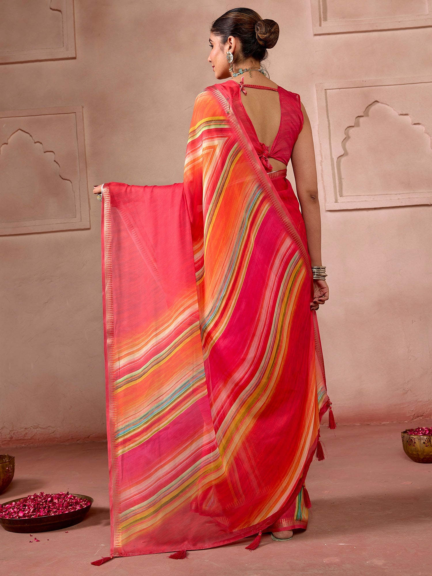 Red and Multicolor Striped Casual Saree - Ressa