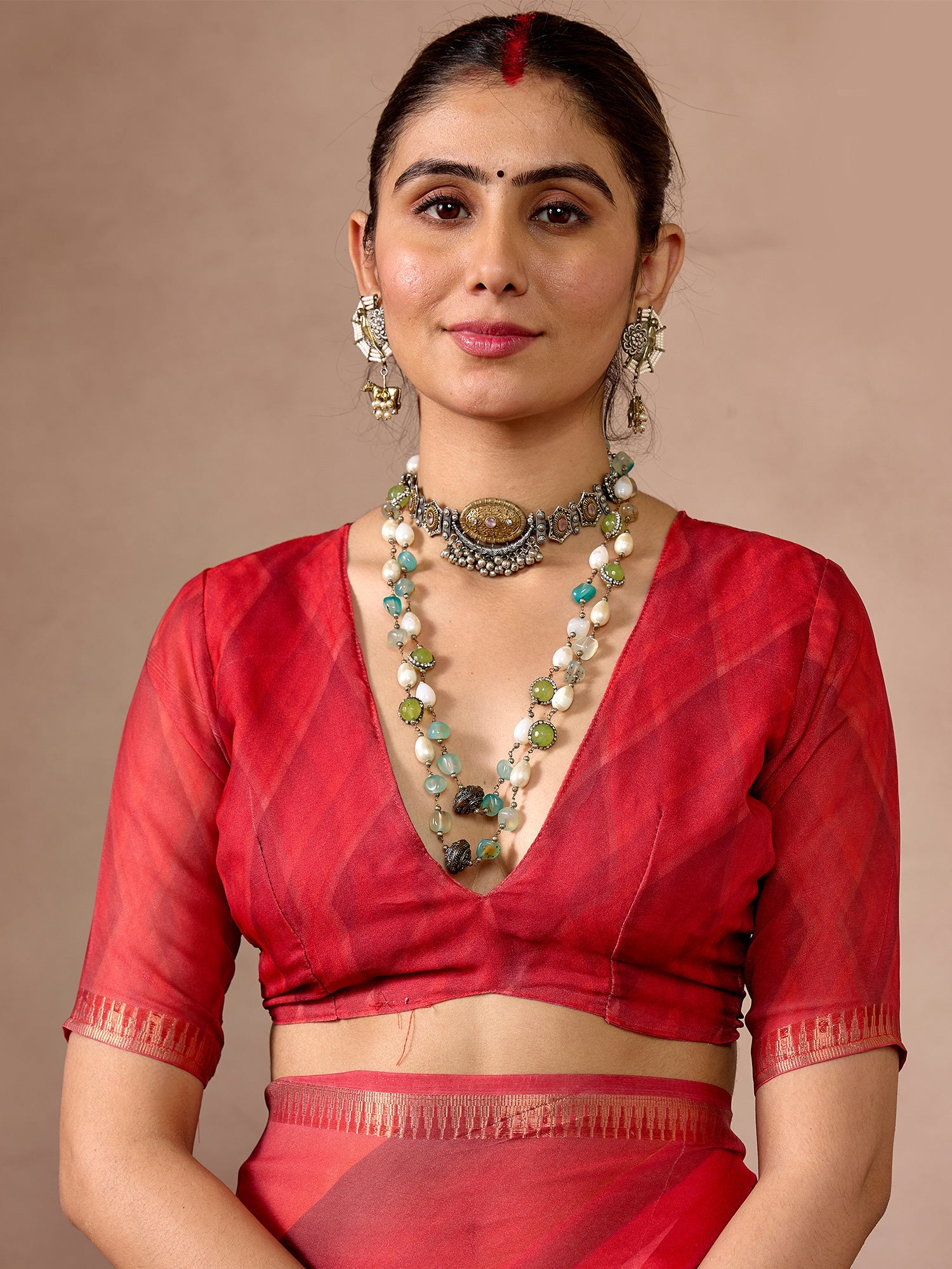 Red and Multicolor Striped Printed Saree - Ressa