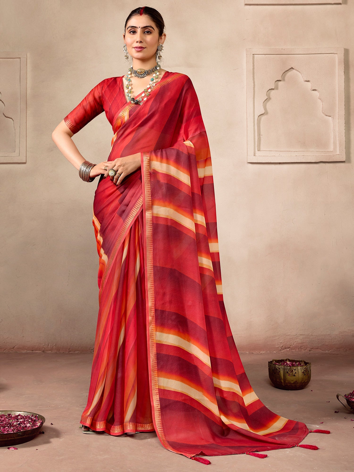 Red and Multicolor Striped Printed Saree - Ressa