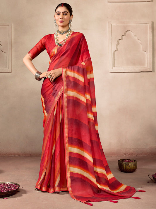 Red and Multicolor Striped Printed Saree - Ressa
