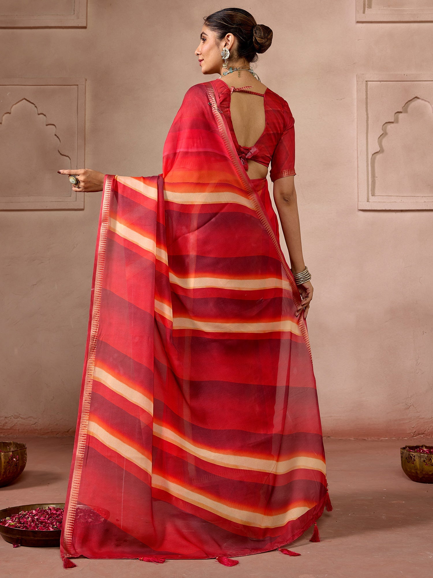 Red and Multicolor Striped Printed Saree - Ressa