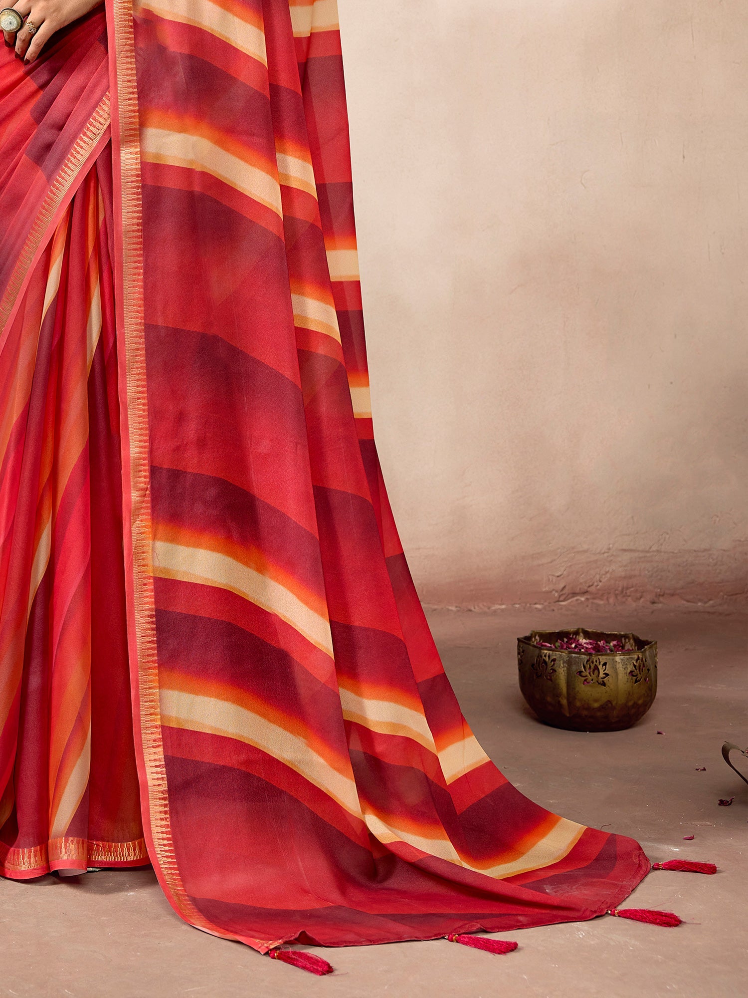 Red and Multicolor Striped Printed Saree - Ressa