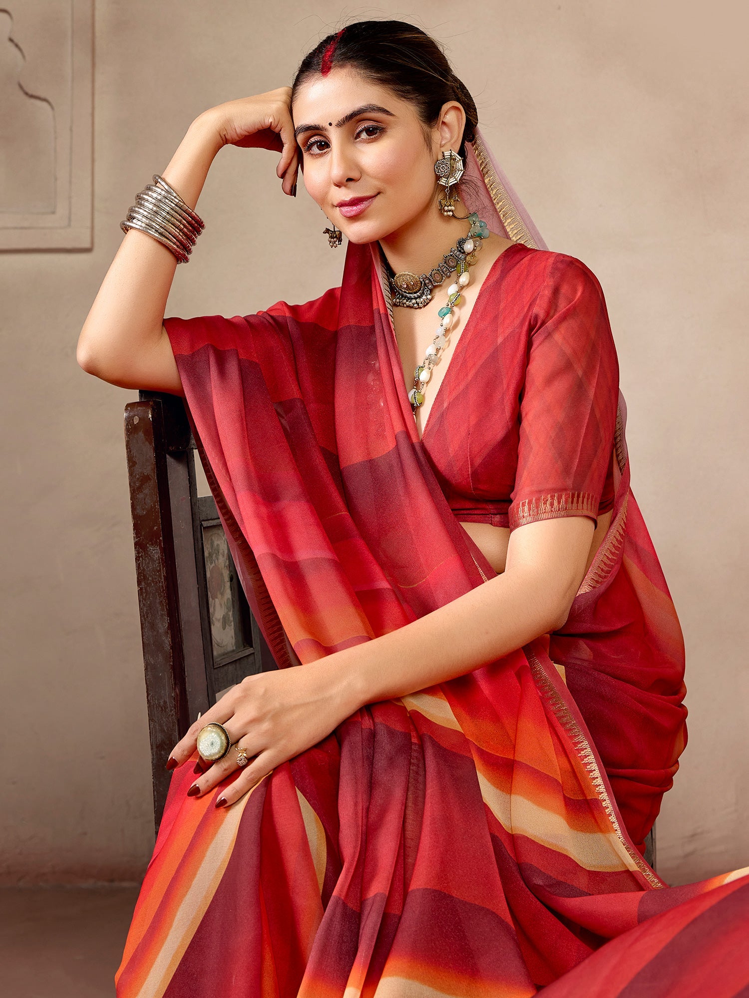 Red and Multicolor Striped Printed Saree - Ressa