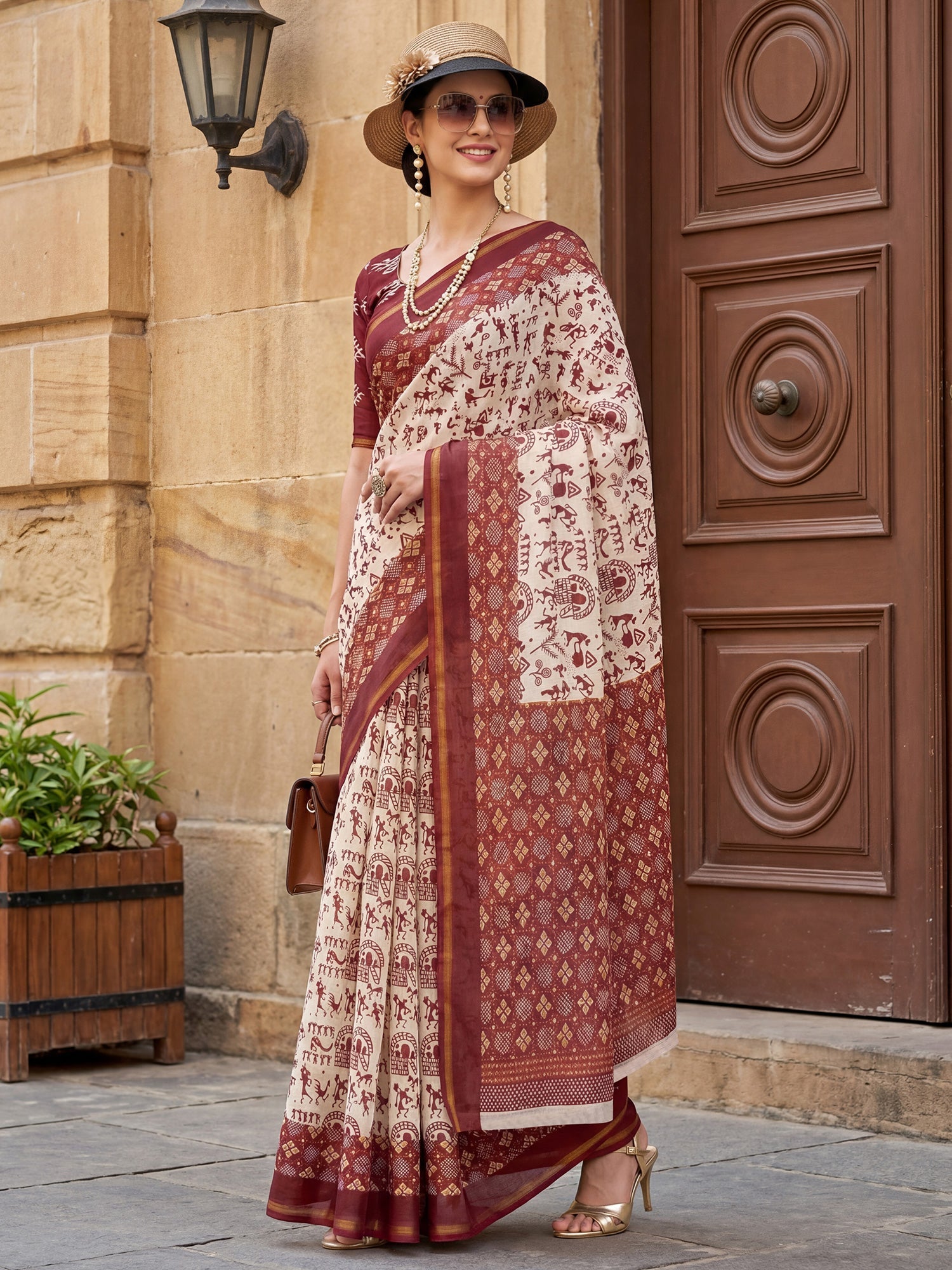 Red And white warli Print Saree - Ressa