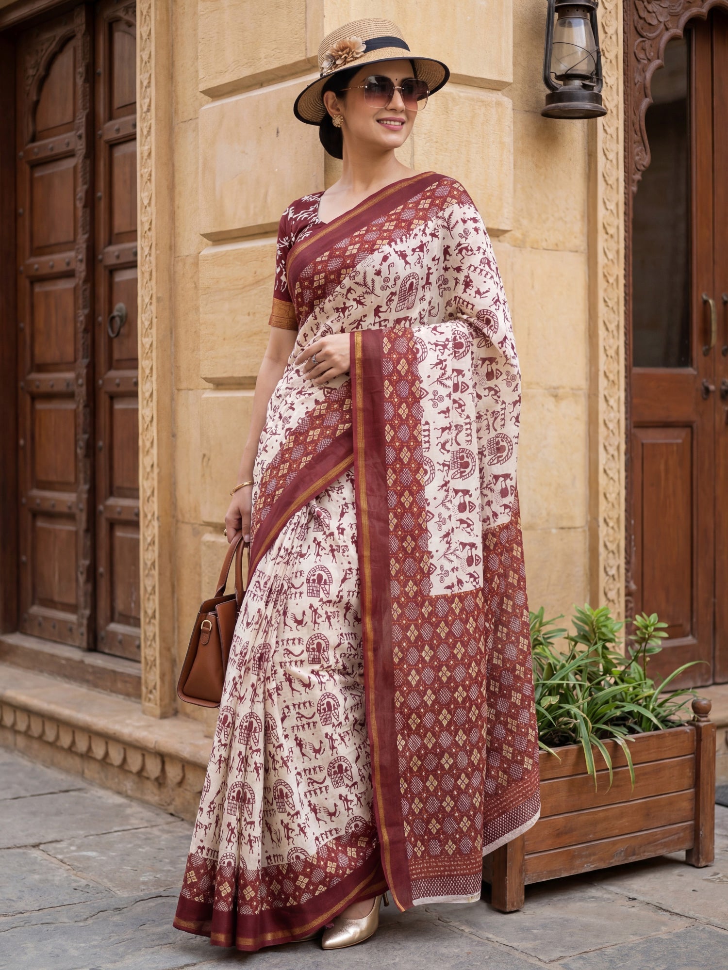 Red And white warli Print Saree - Ressa