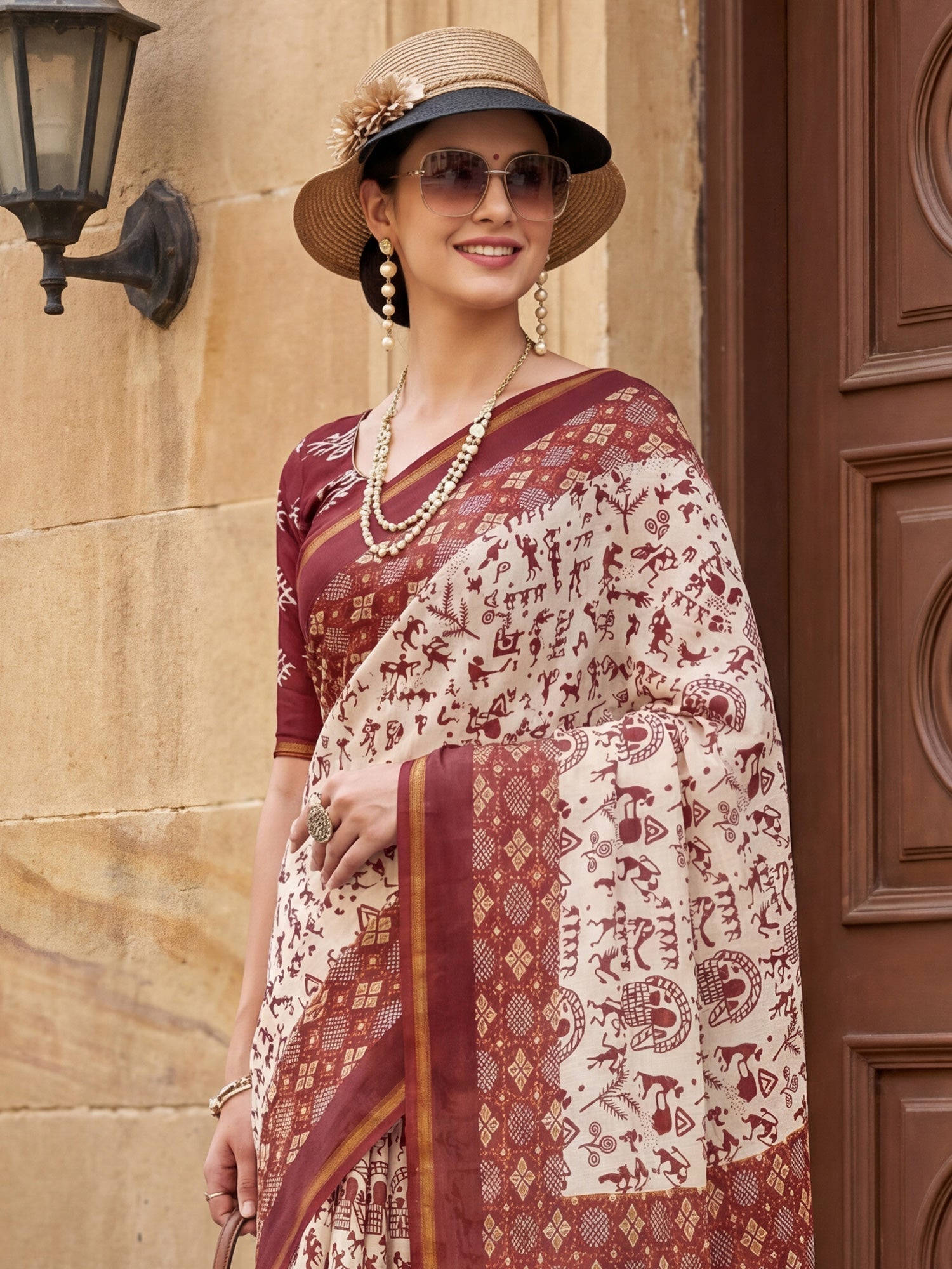 Red And white warli Print Saree - Ressa