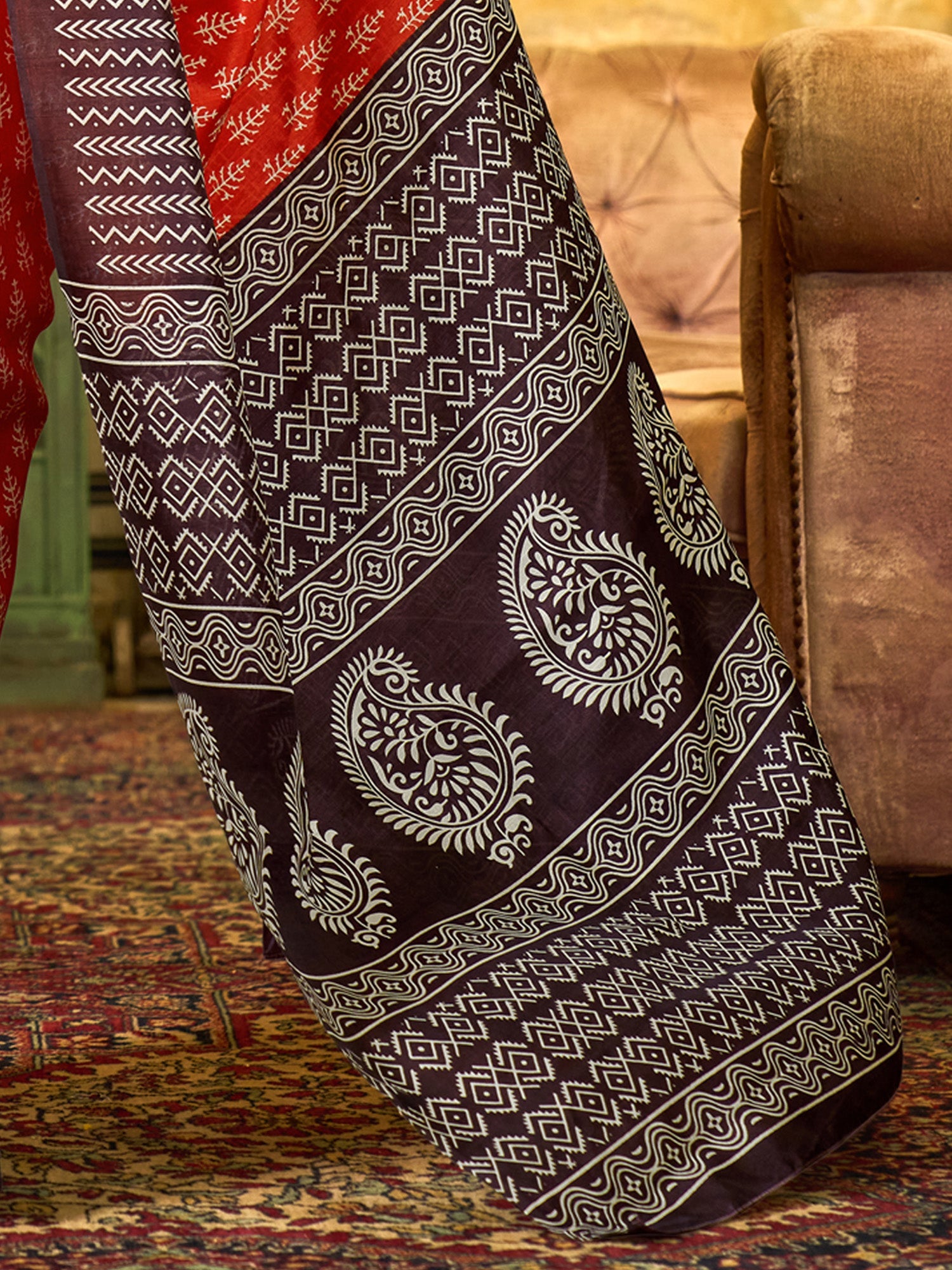Red Bagh Block Print Silk Saree - Ressa
