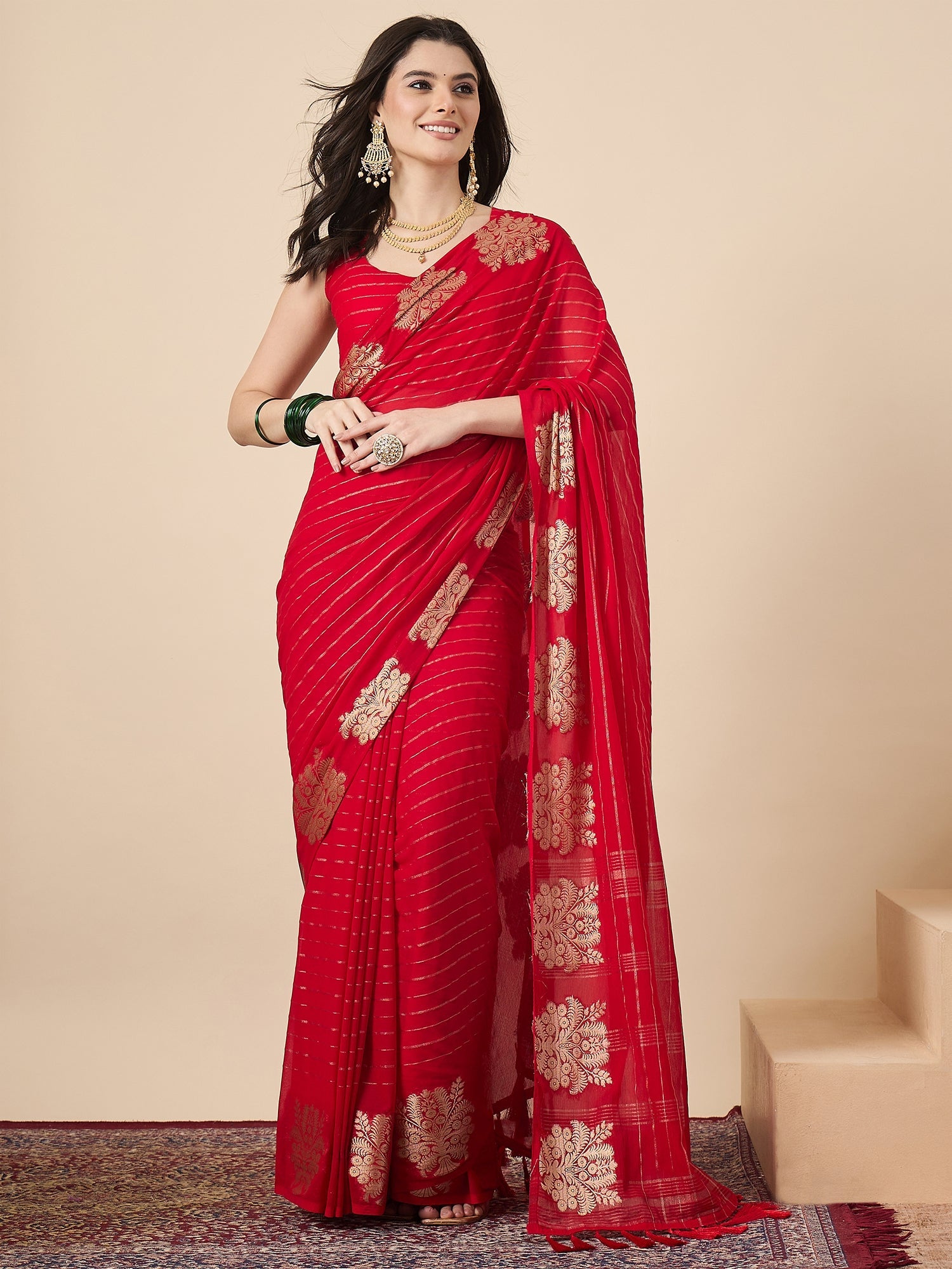 Red Banarasi Organza Saree with Zari Buti & Gold Tassel - Ressa