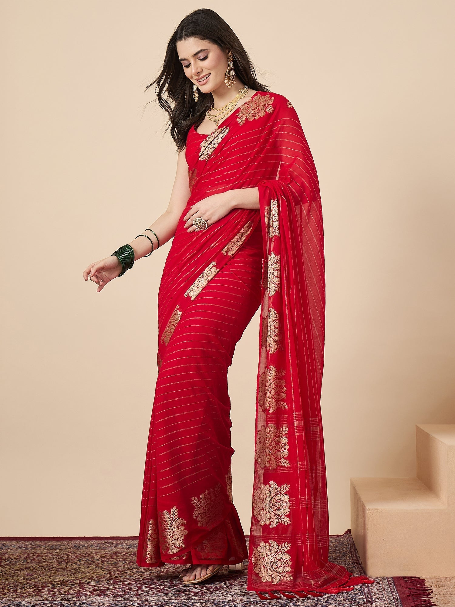Red Banarasi Organza Saree with Zari Buti & Gold Tassel - Ressa