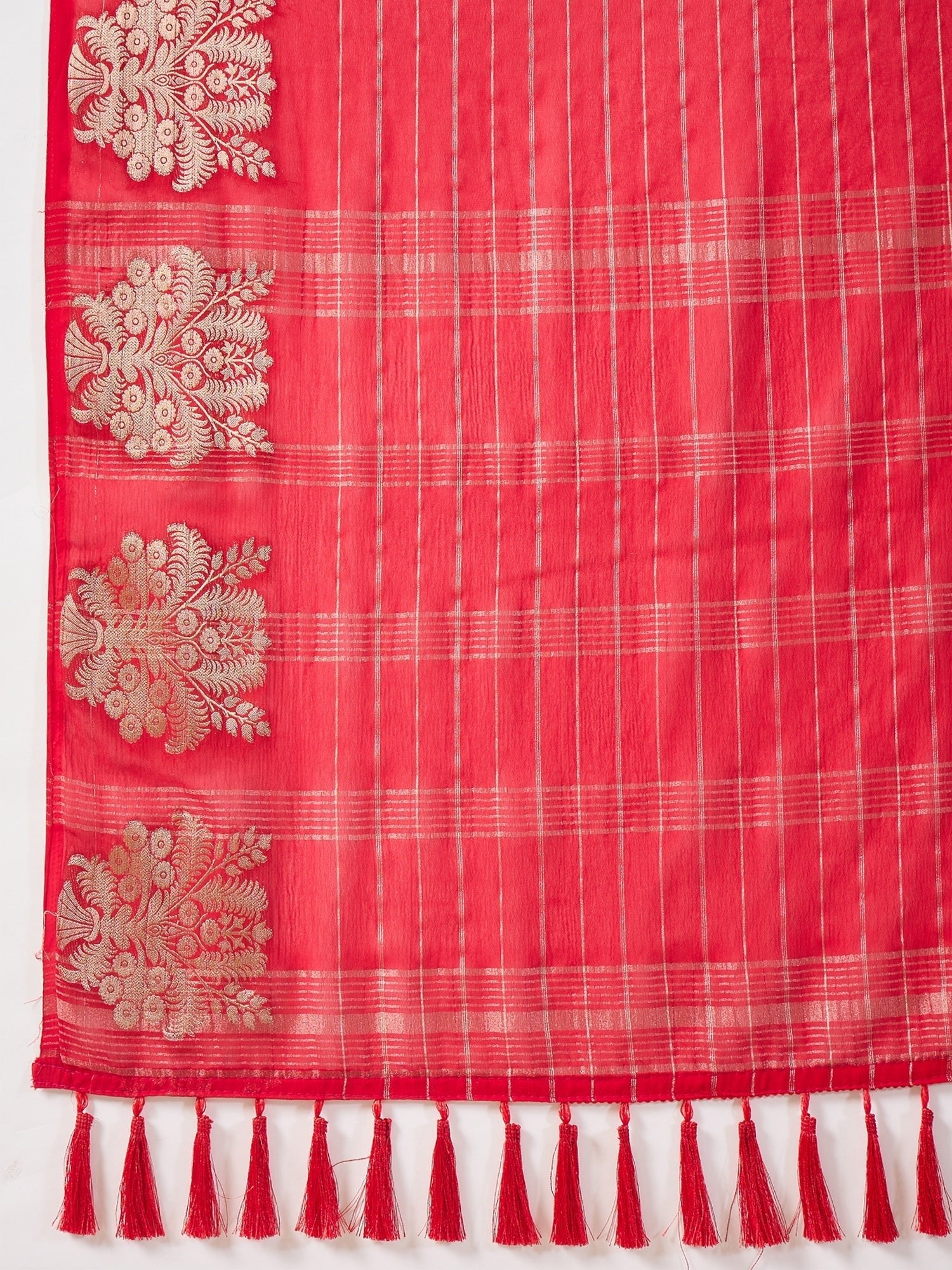 Red Banarasi Organza Saree with Zari Buti & Gold Tassel - Ressa