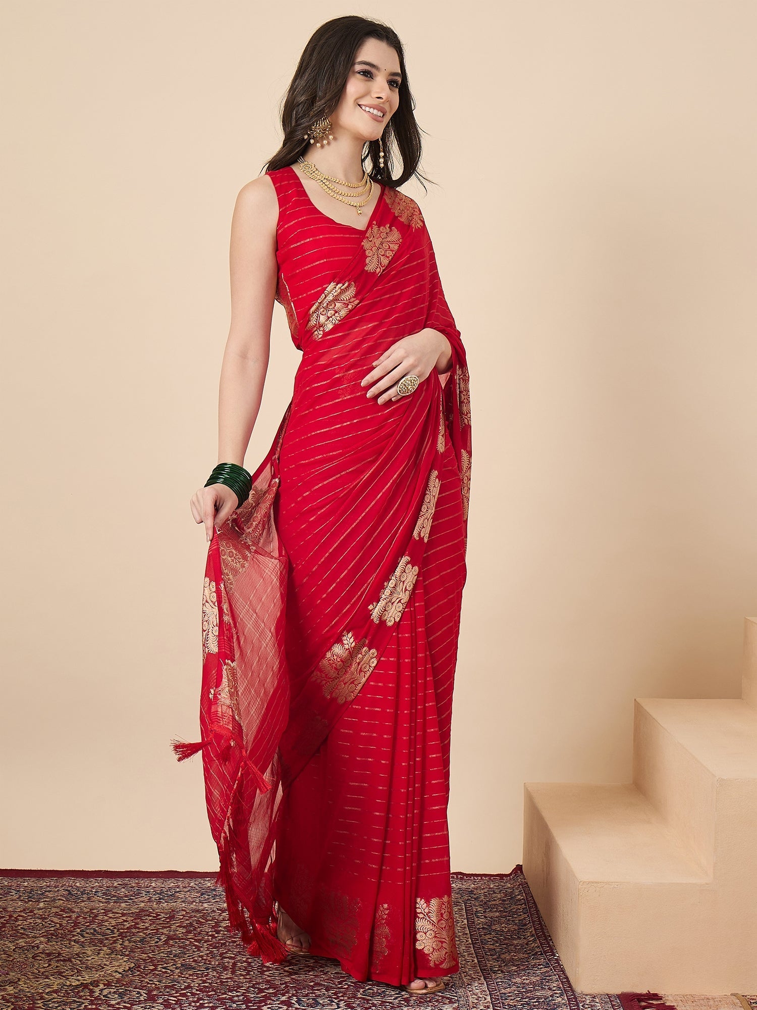 Red Banarasi Organza Saree with Zari Buti & Gold Tassel - Ressa