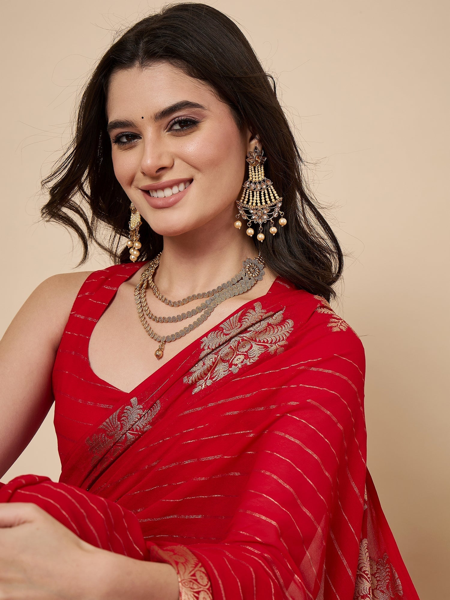 Red Banarasi Organza Saree with Zari Buti & Gold Tassel - Ressa