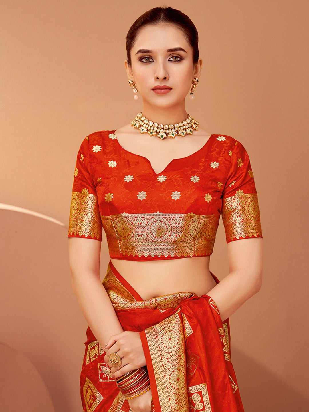 Red Banarasi Patola Silk Gold Zari Woven Ikat Motifs Blouse Saree - Ressa