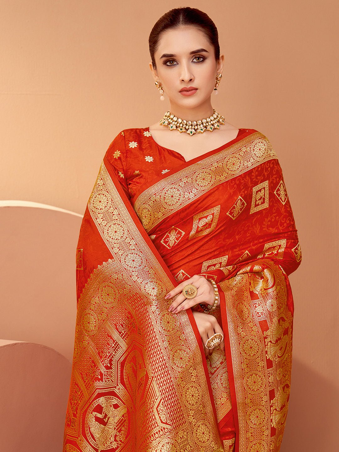 Red Banarasi Patola Silk Gold Zari Woven Ikat Motifs Blouse Saree - Ressa