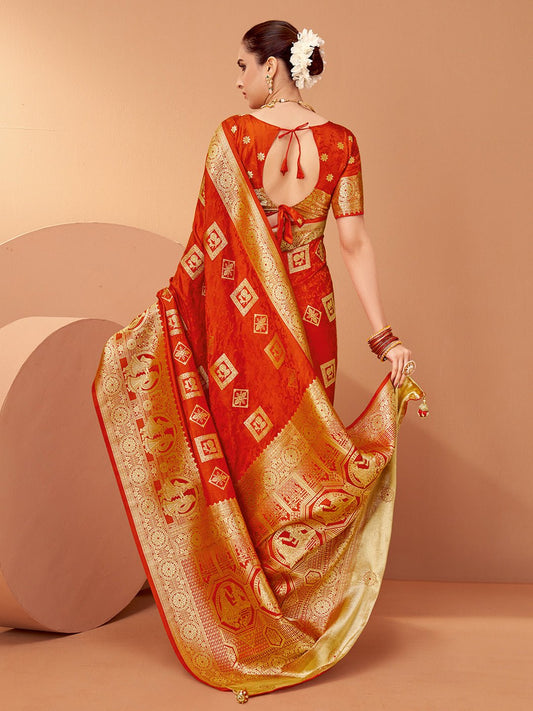 Red Banarasi Patola Silk Gold Zari Woven Ikat Motifs Blouse Saree - Ressa