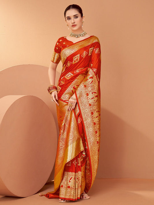 Red Banarasi Patola Silk Gold Zari Woven Ikat Motifs Blouse Saree - Ressa