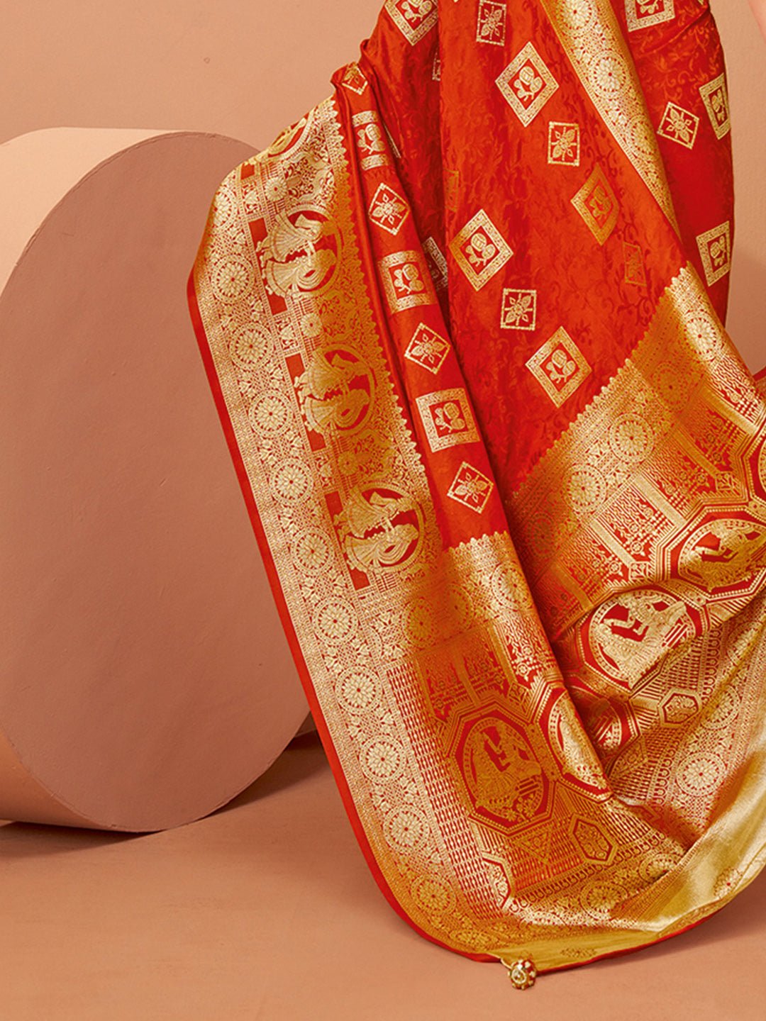 Red Banarasi Patola Silk Gold Zari Woven Ikat Motifs Blouse Saree - Ressa
