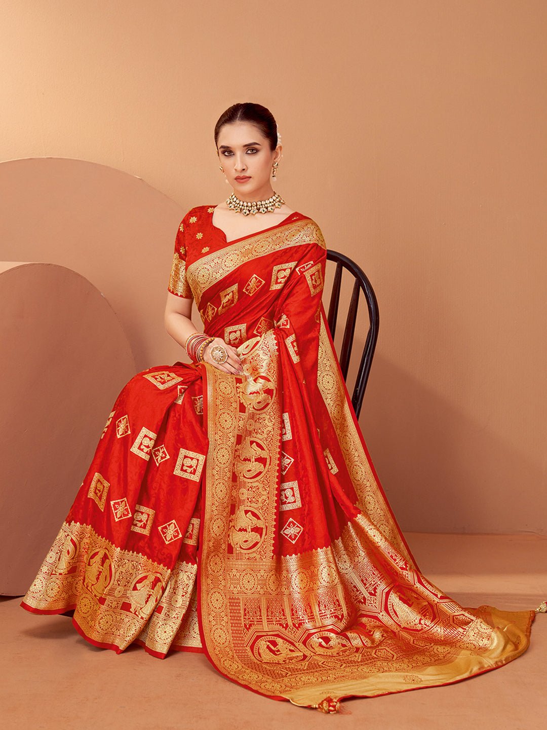 Red Banarasi Patola Silk Gold Zari Woven Ikat Motifs Blouse Saree - Ressa