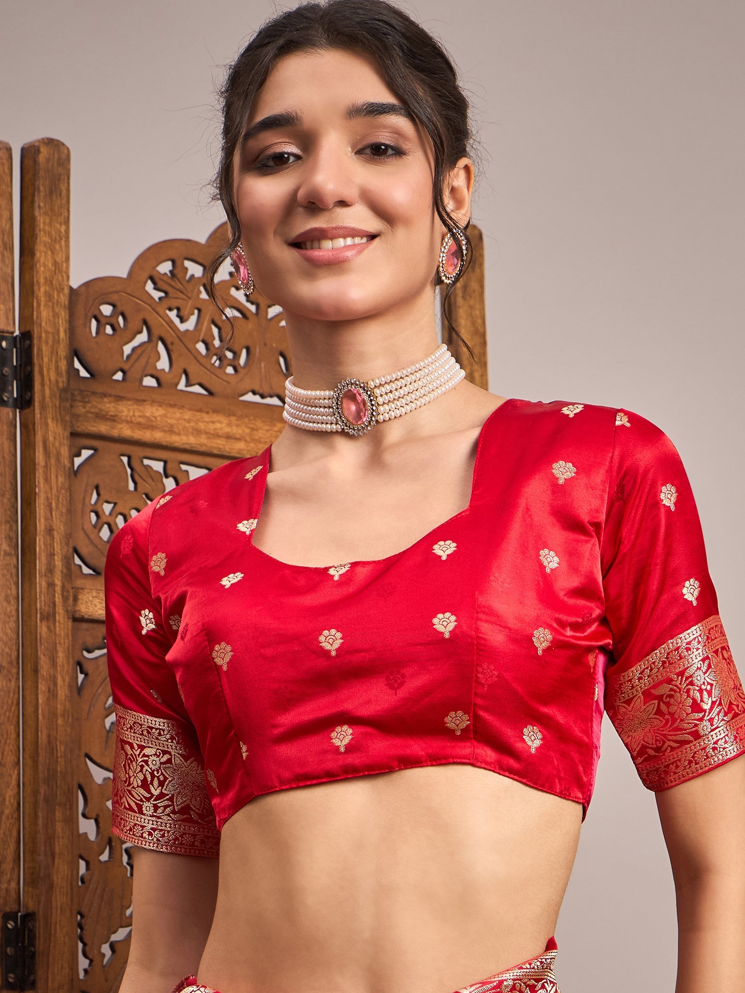 Red Banarasi Satin Silk Zari Woven Saree - Ressa