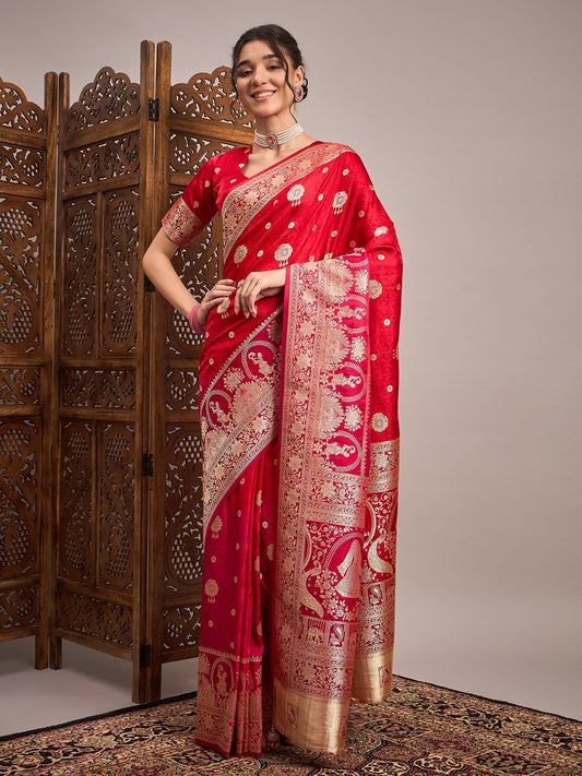 Red Banarasi Satin Silk Zari Woven Saree - Ressa