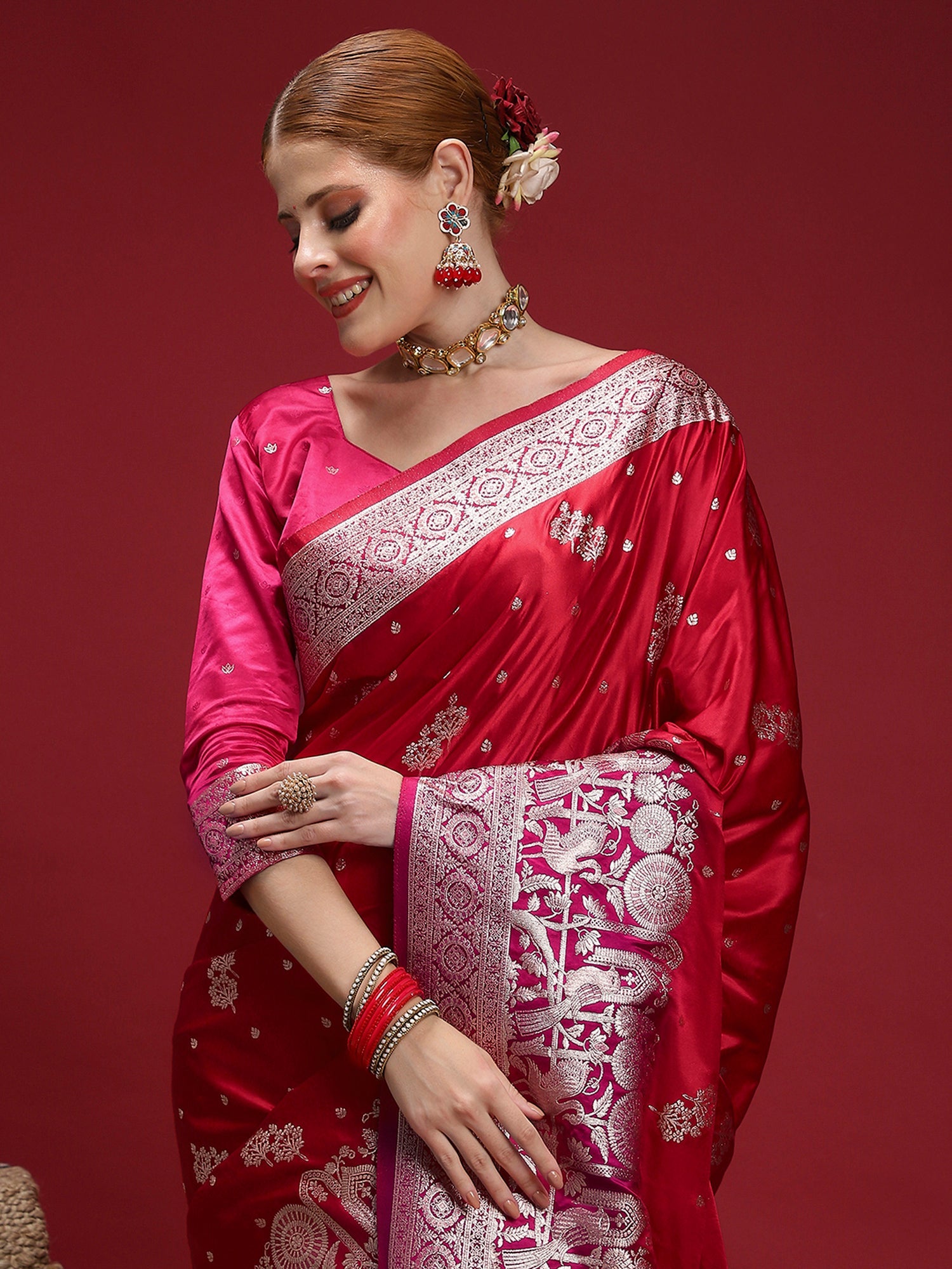 Red Banarasi Satin Silk Zari Woven Saree - Ressa
